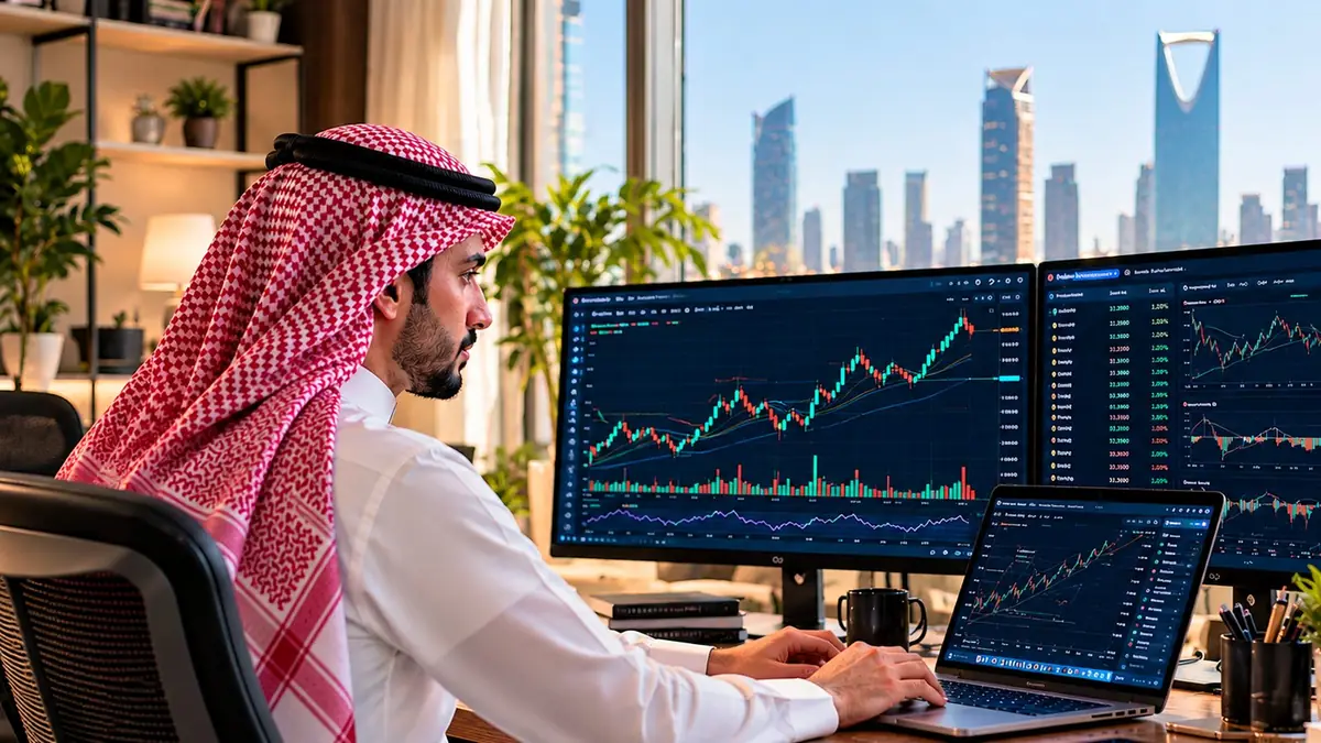 محلل يتابع الرسوم البيانية للأسهم على عدة شاشات وخلفه أفق الرياض